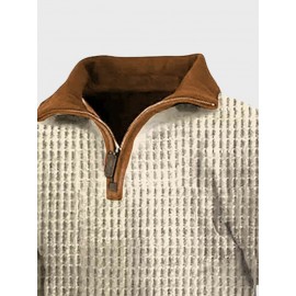 Mens Contrast Patchwork Half Zip Waffle Knit Pullover Sweatshirts Winter