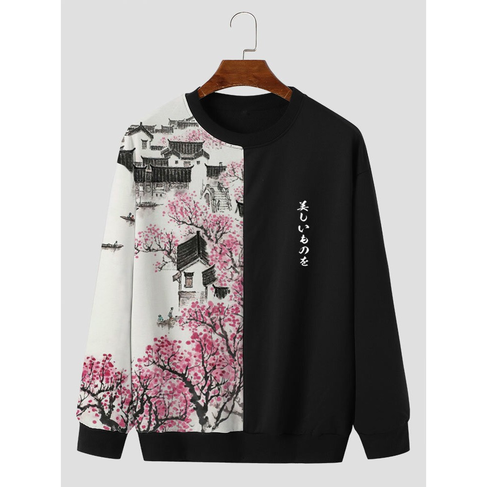 Mens Landscape Print Patchwork Crew Neck Pullover Sweatshirts Winter