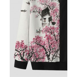 Mens Landscape Print Patchwork Crew Neck Pullover Sweatshirts Winter