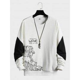 Mens Japanese Wave Print Contrast Patchwork Crew Neck Pullover Sweatshirts Winter