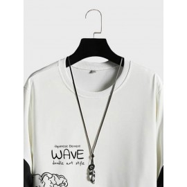 Mens Japanese Wave Print Contrast Patchwork Crew Neck Pullover Sweatshirts Winter