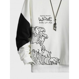 Mens Japanese Wave Print Contrast Patchwork Crew Neck Pullover Sweatshirts Winter