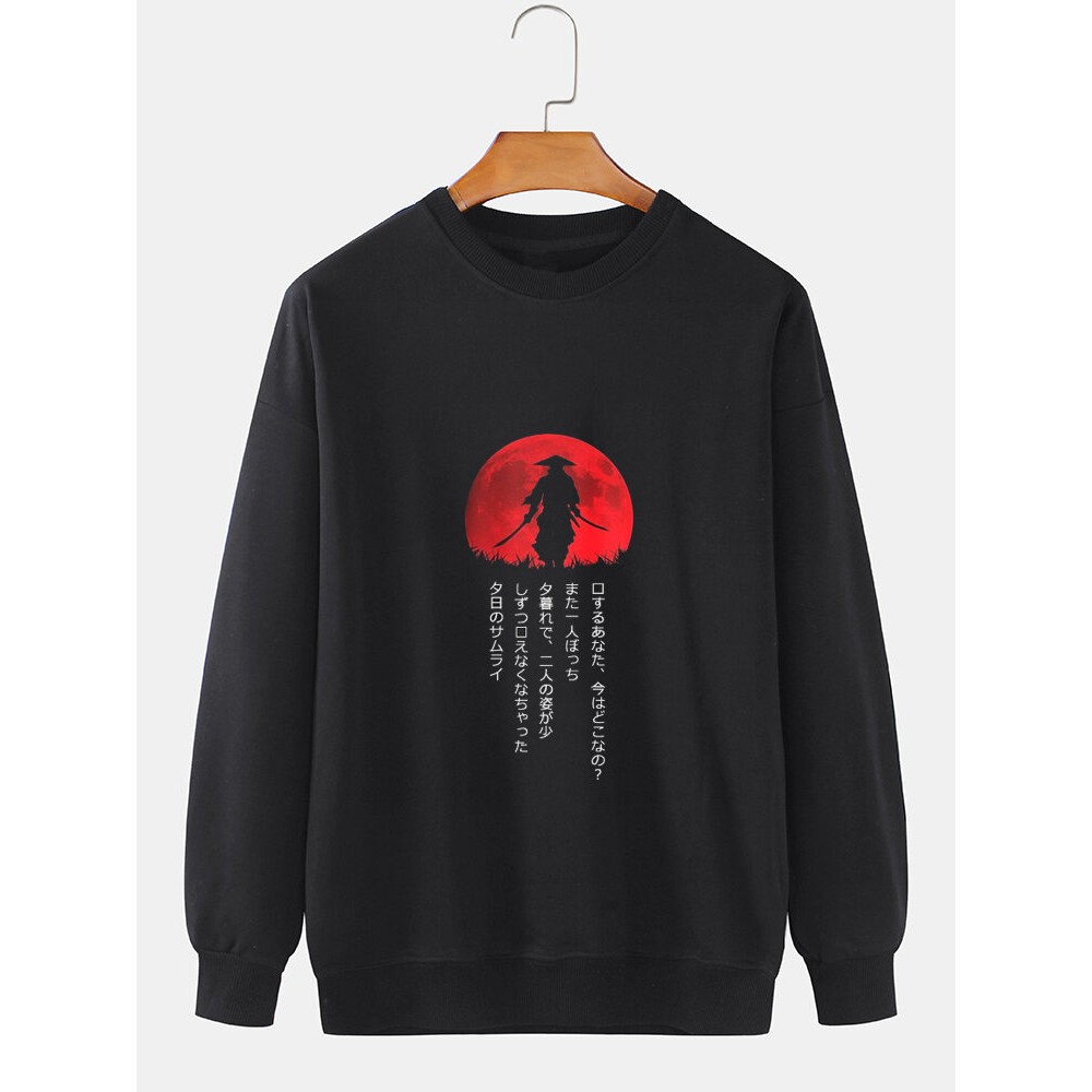 Mens Japanese Ninja Red Sun Print Crew Neck Pullover Sweatshirts Winter