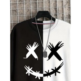 Mens Funny Smile Contrast Patchwork Crew Neck Pullover Sweatshirts Winter