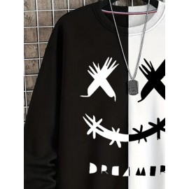 Mens Funny Smile Contrast Patchwork Crew Neck Pullover Sweatshirts Winter