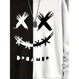 Mens Funny Smile Contrast Patchwork Crew Neck Pullover Sweatshirts Winter