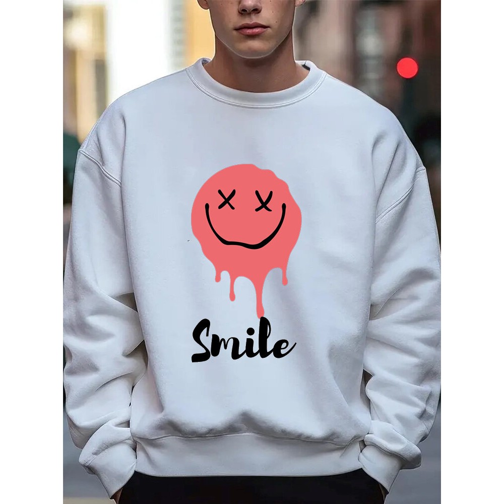 Mens Drip Smile Face Print Crew Neck Pullover Sweatshirts Winter