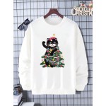 Mens Christmas Cat Print Crew Neck Casual Pullover Sweatshirts Winter