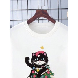 Mens Christmas Cat Print Crew Neck Casual Pullover Sweatshirts Winter