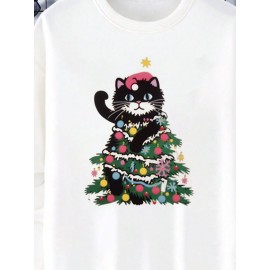 Mens Christmas Cat Print Crew Neck Casual Pullover Sweatshirts Winter