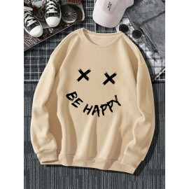 Mens Smile Slogan Print Crew Neck Casual Loose Pullover Sweatshirts Winter