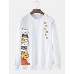 Mens Cute Cat Side Print Crew Neck Pullover Sweatshirts Winter