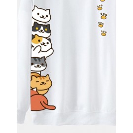 Mens Cute Cat Side Print Crew Neck Pullover Sweatshirts Winter