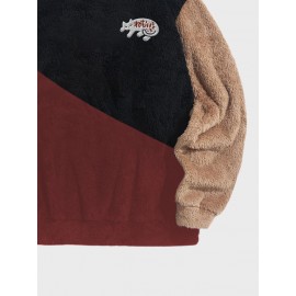 Mens Cartoon Animal Embroidered Color Block Patchwork Plush Pullover Sweatshirts Winter