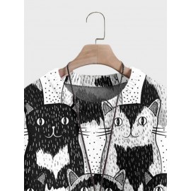 Mens Allover Cartoon Cat Print Crew Neck Pullover Sweatshirts Winter