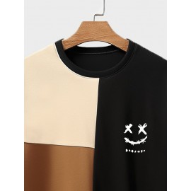 Mens Smile Embroidered Color Block Patchwork Crew Neck Pullover Sweatshirts Winter