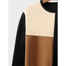 Mens Smile Embroidered Color Block Patchwork Crew Neck Pullover Sweatshirts Winter