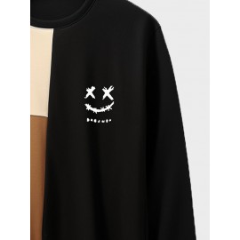 Mens Smile Embroidered Color Block Patchwork Crew Neck Pullover Sweatshirts Winter