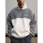 Mens Contrast Patchwork Embroidered Half Zip Fleece Pullover Sweatshirts Winter