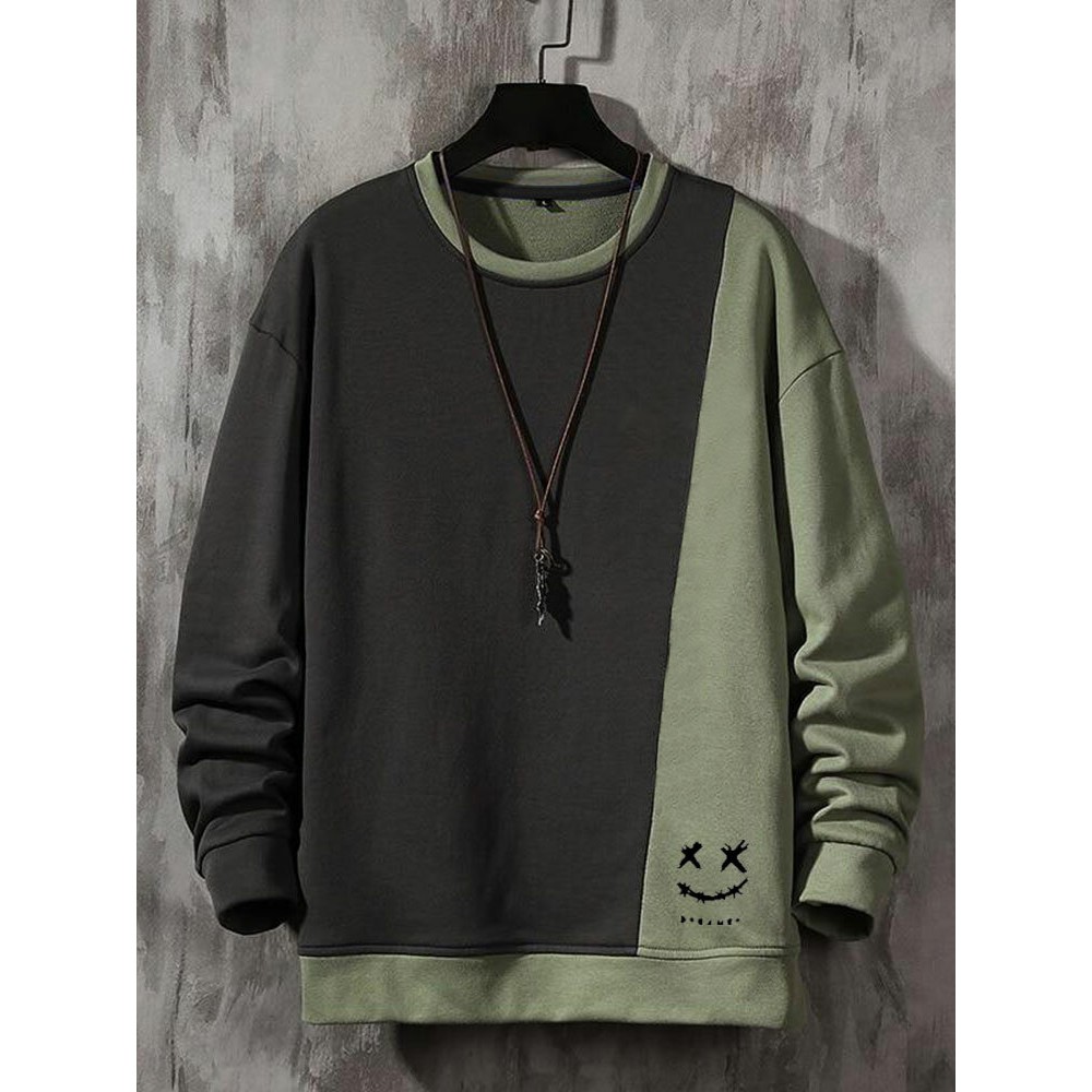 Mens Smile Print Two Tone Patchwork Pullover Sweatshirts Winter