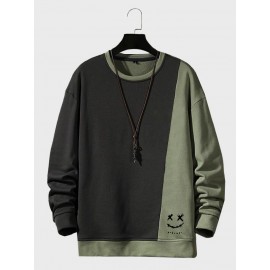 Mens Smile Print Two Tone Patchwork Pullover Sweatshirts Winter