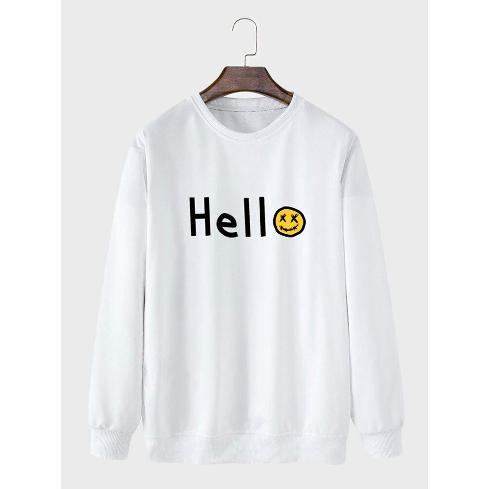Mens Smile Face Letter Print Crew Neck Casual Pullover Sweatshirts Winter