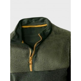 Mens Waffle Knit Contrast Patchwork Half Zip Pullover Sweatshirts Winter
