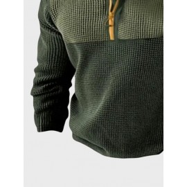 Mens Waffle Knit Contrast Patchwork Half Zip Pullover Sweatshirts Winter