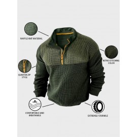 Mens Waffle Knit Contrast Patchwork Half Zip Pullover Sweatshirts Winter