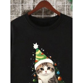 Mens Christmas Tree Cat Print Crew Neck Pullover Sweatshirts Winter