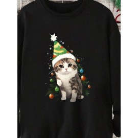 Mens Christmas Tree Cat Print Crew Neck Pullover Sweatshirts Winter