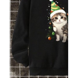 Mens Christmas Tree Cat Print Crew Neck Pullover Sweatshirts Winter