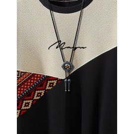 Mens Ethnic Geometric Print Patchwork Crew Neck Pullover Sweatshirts Winter