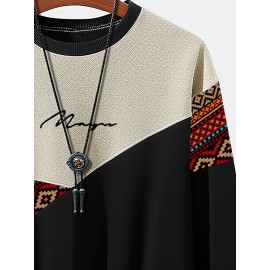 Mens Ethnic Geometric Print Patchwork Crew Neck Pullover Sweatshirts Winter
