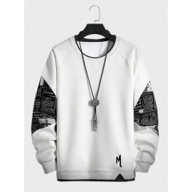Mens Newspaper Print Patchwork Crew Neck Pullover Sweatshirts Winter