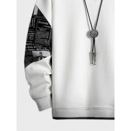 Mens Newspaper Print Patchwork Crew Neck Pullover Sweatshirts Winter