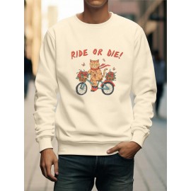 Mens Cartoon Ride Cat Print Crew Neck Pullover Sweatshirts Winter