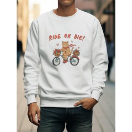 Mens Cartoon Ride Cat Print Crew Neck Pullover Sweatshirts Winter