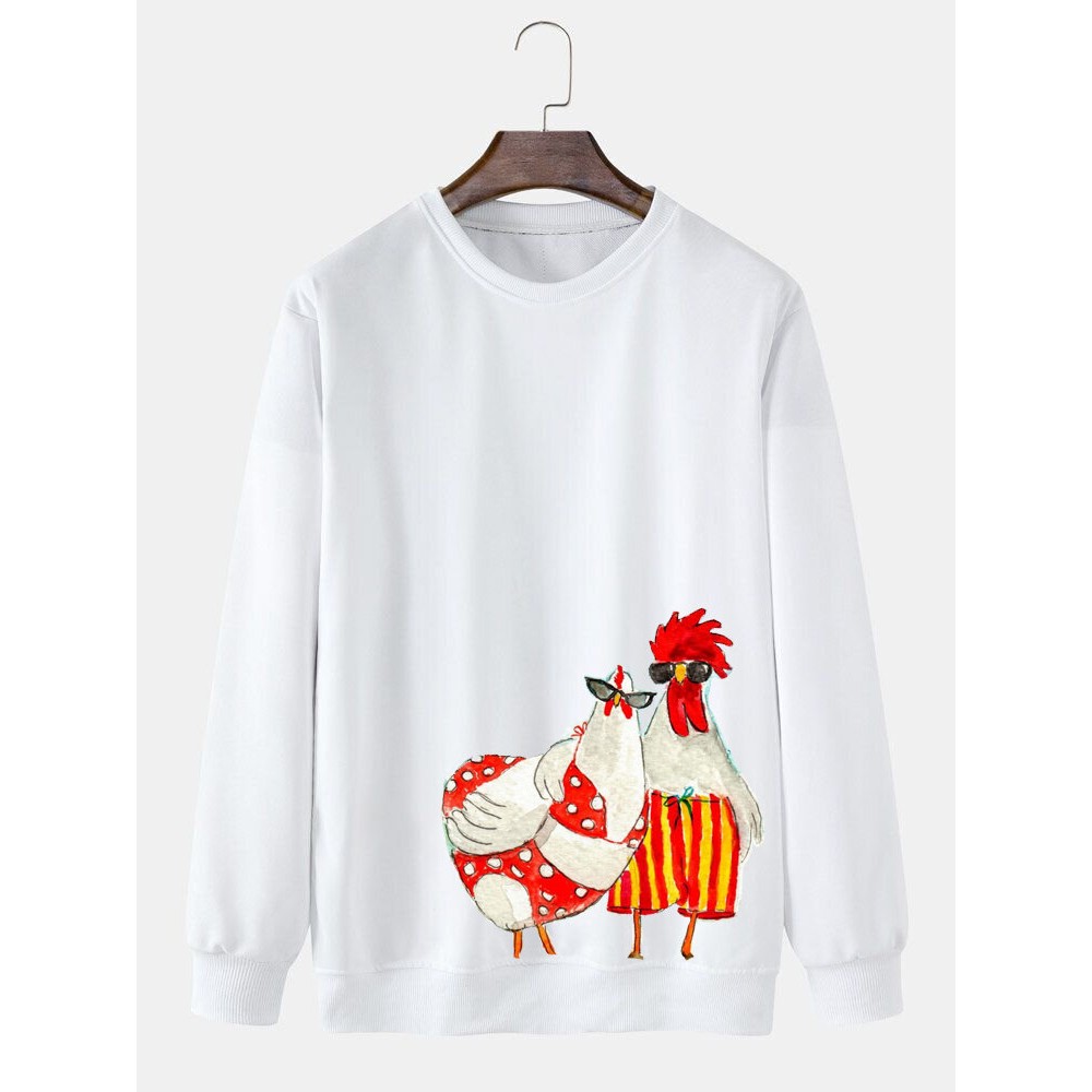 Mens Funny Cartoon Chicken Print Crew Neck Pullover Sweatshirts Winter