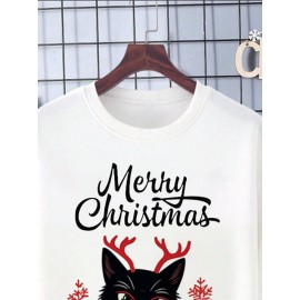 Mens Christmas Cat Snowflake Print Crew Neck Pullover Sweatshirts Winter