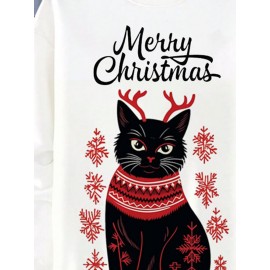 Mens Christmas Cat Snowflake Print Crew Neck Pullover Sweatshirts Winter
