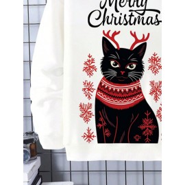 Mens Christmas Cat Snowflake Print Crew Neck Pullover Sweatshirts Winter