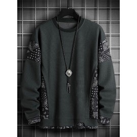 Mens Ethnic Paisley Print Patchwork Texture Crew Neck Pullover Sweatshirts Winter